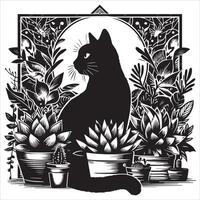 A silhouette black cat in an illustration frame with a floral design on its back silhouette print design vector