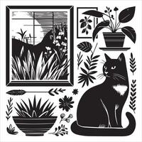 A silhouette black cat in an illustration frame with a floral design on its back silhouette print design vector