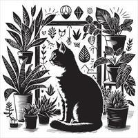 A silhouette black cat in an illustration frame with a floral design on its back silhouette print design vector