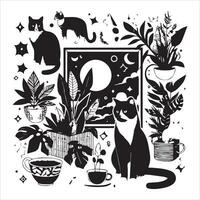 A silhouette black cat in an illustration frame with a floral design on its back silhouette design vector