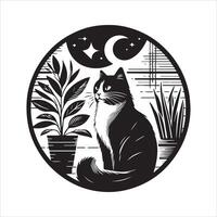 A silhouette black cat in an illustration frame with a floral design on its back silhouette design vector