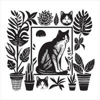 A silhouette black cat in an illustration frame with a floral design on its back silhouette design vector