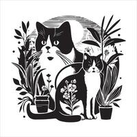 A silhouette black cat in an illustration frame with a floral design on its back silhouette design vector