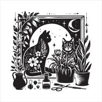 A silhouette black cat in an illustration frame with a floral design on its back silhouette design vector