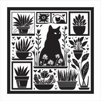 A silhouette black cat in an illustration frame with a floral design on its back silhouette design vector