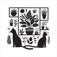 A silhouette black cat in an illustration frame with a floral design on its back silhouette design vector
