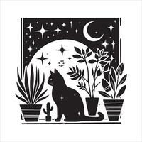 A silhouette black cat in an illustration frame with a floral design on its back silhouette design vector