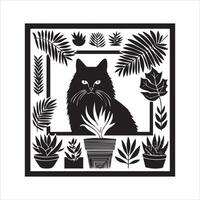 A silhouette black cat in an illustration frame with a floral design on its back silhouette design vector