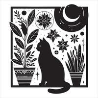 A silhouette black cat in an illustration frame with a floral design on its back silhouette design vector