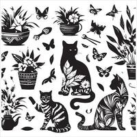 A silhouette black cat in an illustration frame with a floral design on its back silhouette design vector