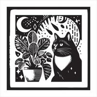 A silhouette black cat in an illustration frame with a floral design on its back silhouette design vector