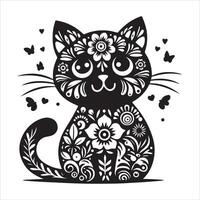 A silhouette black cat in an illustration frame with a floral design on its back silhouette design vector