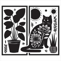 A silhouette black cat in an illustration frame with a floral design on its back silhouette design vector