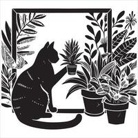 A silhouette black cat in an illustration frame with a floral design on its back silhouette design vector