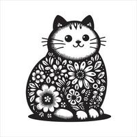 A silhouette black cat in an illustration frame with a floral design on its back silhouette design vector