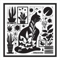 A silhouette black cat in an illustration frame with a floral design on its back silhouette design vector