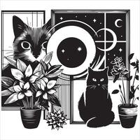 A silhouette black cat in an illustration frame with a floral design on its back silhouette design vector