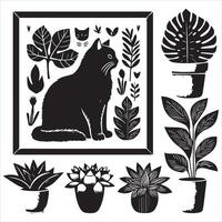 A silhouette black cat in an illustration frame with a floral design on its back silhouette design vector