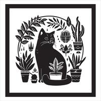 A silhouette black cat in an illustration frame with a floral design on its back silhouette design vector