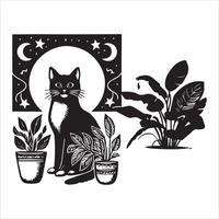 A silhouette black cat in an illustration frame with a floral design on its back silhouette design vector