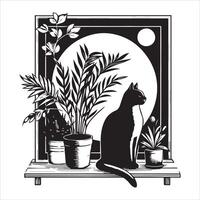A silhouette black cat in an illustration frame with a floral design on its back silhouette design vector