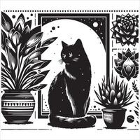 A silhouette black cat in an illustration frame with a floral design on its back silhouette design vector