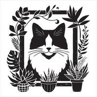 A silhouette black cat in an illustration frame with a floral design on its back silhouette design vector
