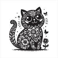 A silhouette black cat in an illustration frame with a floral design on its back silhouette design vector