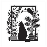 A silhouette black cat in an illustration frame with a floral design on its back silhouette design vector