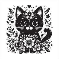 A silhouette black cat in an illustration frame with a floral design on its back silhouette design vector