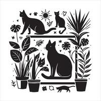 A silhouette black cat in an illustration frame with a floral design on its back silhouette design vector