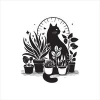 A silhouette black cat in an illustration frame with a floral design on its back silhouette design vector