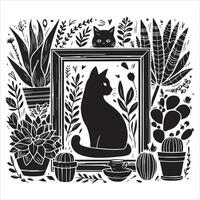 A silhouette black cat in an illustration frame with a floral design on its back silhouette design vector
