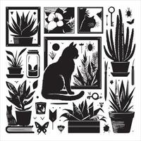 A silhouette black cat in an illustration frame with a floral design on its back silhouette design vector
