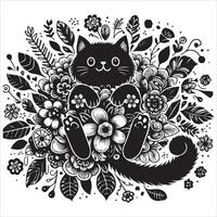 A silhouette black cat in an illustration frame with a floral design on its back silhouette design vector