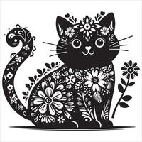 A silhouette black cat in an illustration frame with a floral design on its back silhouette design vector