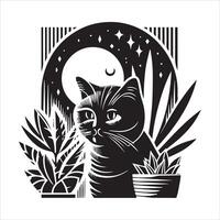A silhouette black cat in an illustration frame with a floral design on its back silhouette design vector