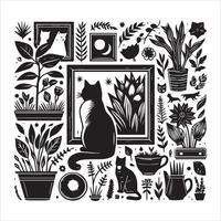 A silhouette black cat in an illustration frame with a floral design on its back silhouette design vector