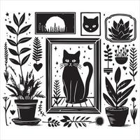 A silhouette black cat in an illustration frame with a floral design on its back silhouette design vector