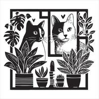 A silhouette black cat in an illustration frame with a floral design on its back silhouette design vector