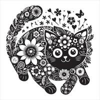 A silhouette black cat in an illustration frame with a floral design on its back silhouette design vector