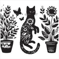 A silhouette black cat in an illustration frame with a floral design on its back silhouette design vector