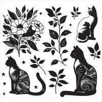 A silhouette black cat in an illustration frame with a floral design on its back silhouette design vector