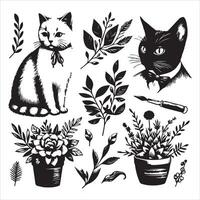 A silhouette black cat in an illustration frame with a floral design on its back silhouette design vector