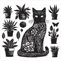 A silhouette black cat in an illustration frame with a floral design on its back silhouette design vector
