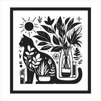A silhouette black cat in an illustration frame with a floral design on its back silhouette design vector