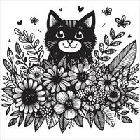 Print A silhouette black cat in an illustration frame with a floral design on its back silhouette design vector