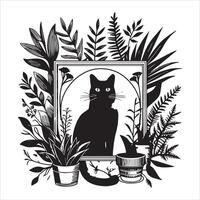 Print A silhouette black cat in an illustration frame with a floral design on its back silhouette design vector