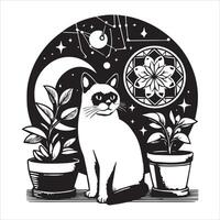 Print A silhouette black cat in an illustration frame with a floral design on its back silhouette design vector
