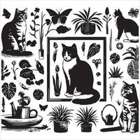 Print A silhouette black cat in an illustration frame with a floral design on its back silhouette design vector